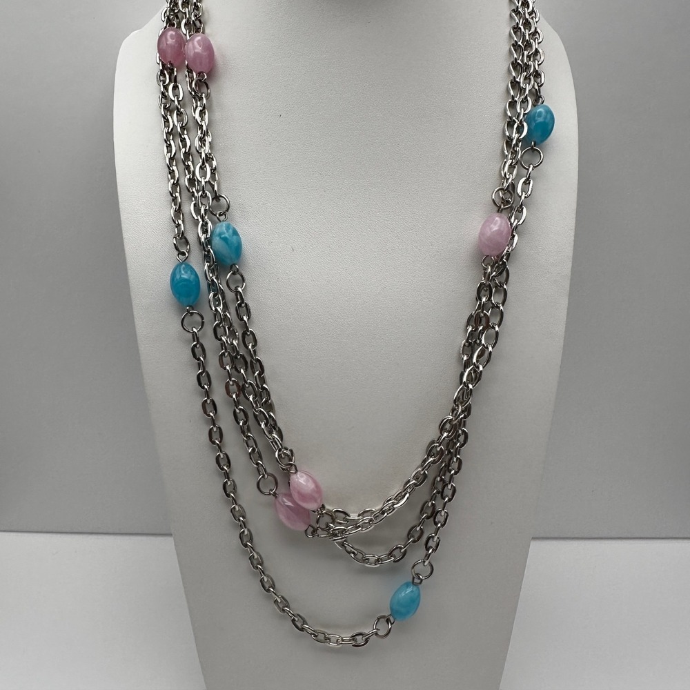 Vintage Y2K 4-Layered Chain Necklace Pink & Blue Acrylic Beads Silver Tone Retro